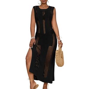 Bsubseach Crochet Beach Cover Ups for Women Sleeveles Swimsuit Coverups Hollow Out Summer Knit Bikini Beachwear (Black, S)