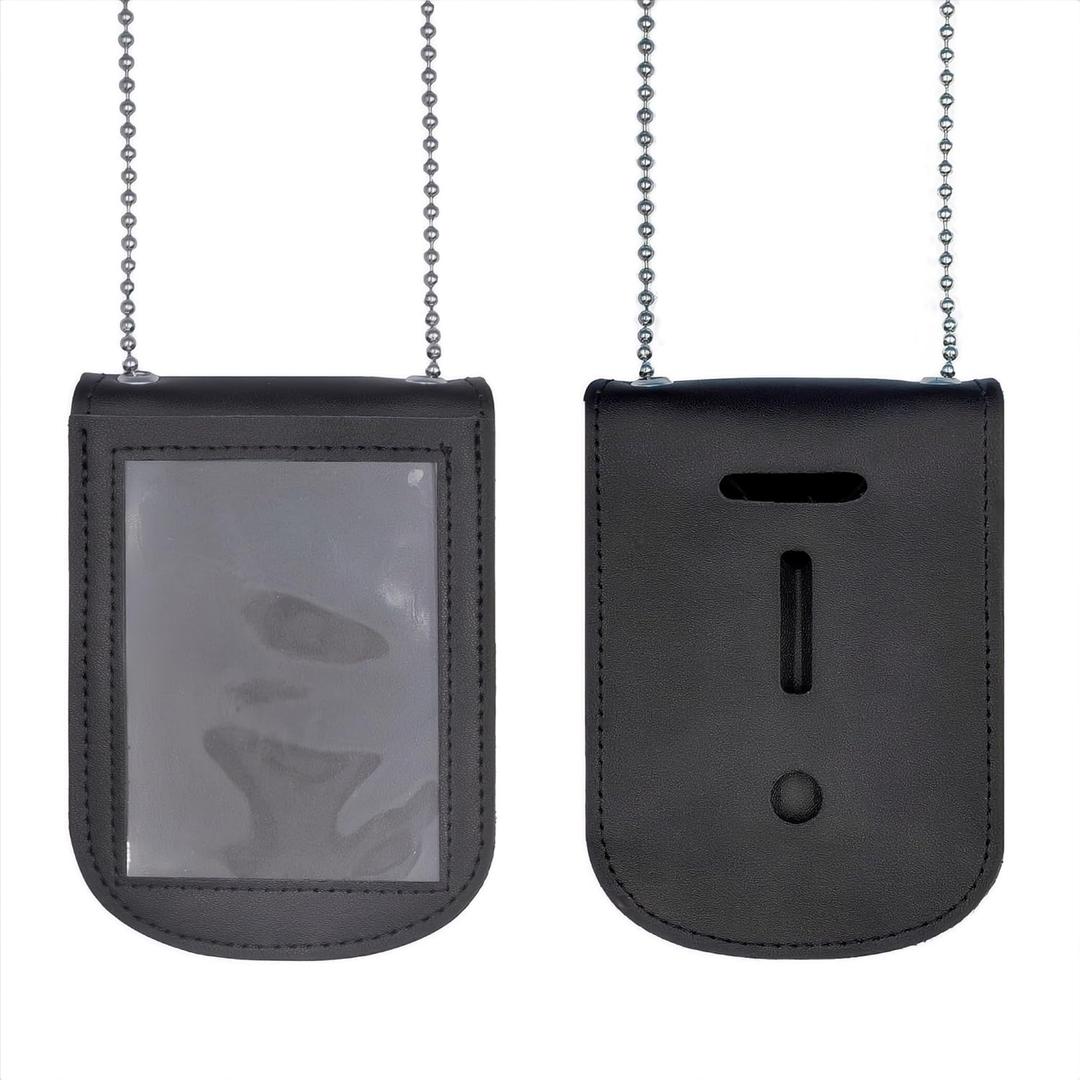 Police Badge Holder Made of Cowhide Universal Black with Leather Belt Buckle Hook Buckle and Stainless Steel Bead Chain Law Enforcement Officer Gifts Rectangular