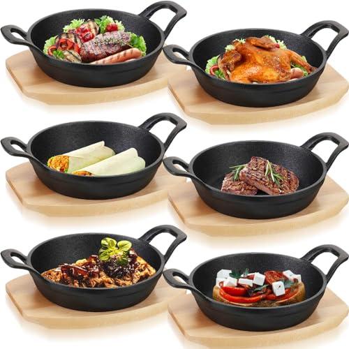 Nuogo 6 Sets Mini Cast Iron Skillet Mini Cast Iron Plates Skillet with Wooden Base Small Round Fajita Plate iron Pan Pot for Cooking Party(6.3 Inches)