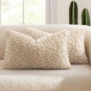 MIULEE Pack of 2 Lumbar Faux Fur Throw Pillow Covers 12x20 Inch Neutral Oatmeal Boucle Decorative Sherpa Pillow Covers Fuzzy Accent Soft Sheepskin Fleece for Boho Home Decor Sofa Living Room Bed Chair