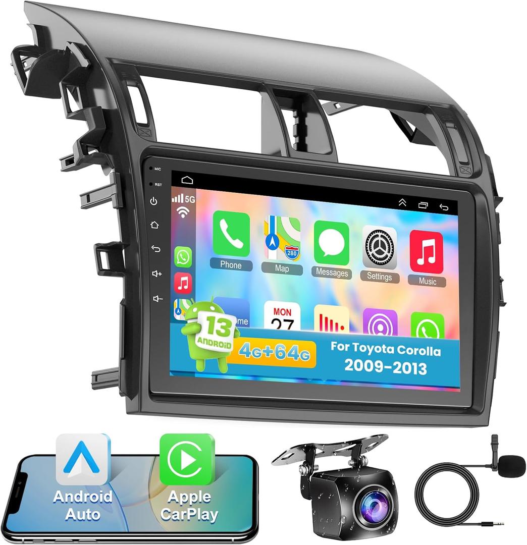 4G+64G 9 inch Touch Screen Car Radio Stereo for Toyota Corolla 2009-2013 Android 13 Wireless CarPlay Android Auto Bluetooth with GPS Navigation+ AHD Backup Camera + MIC