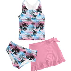 Girls Swimsuits 3 Piece Tankini Bathing Suit Set Cute Bikini Swimwear with Cover Ups Beach Skirt 5-6 Years (A-palm Tree)