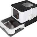 RIZZARI Enclosed Cat Litter Box with Lid, Large Foldable Litter Box with Litter Scoop, Top Entry Cat Toilet for Kittens and Big Cats (Dark Gray,Stainless Steel, Large)