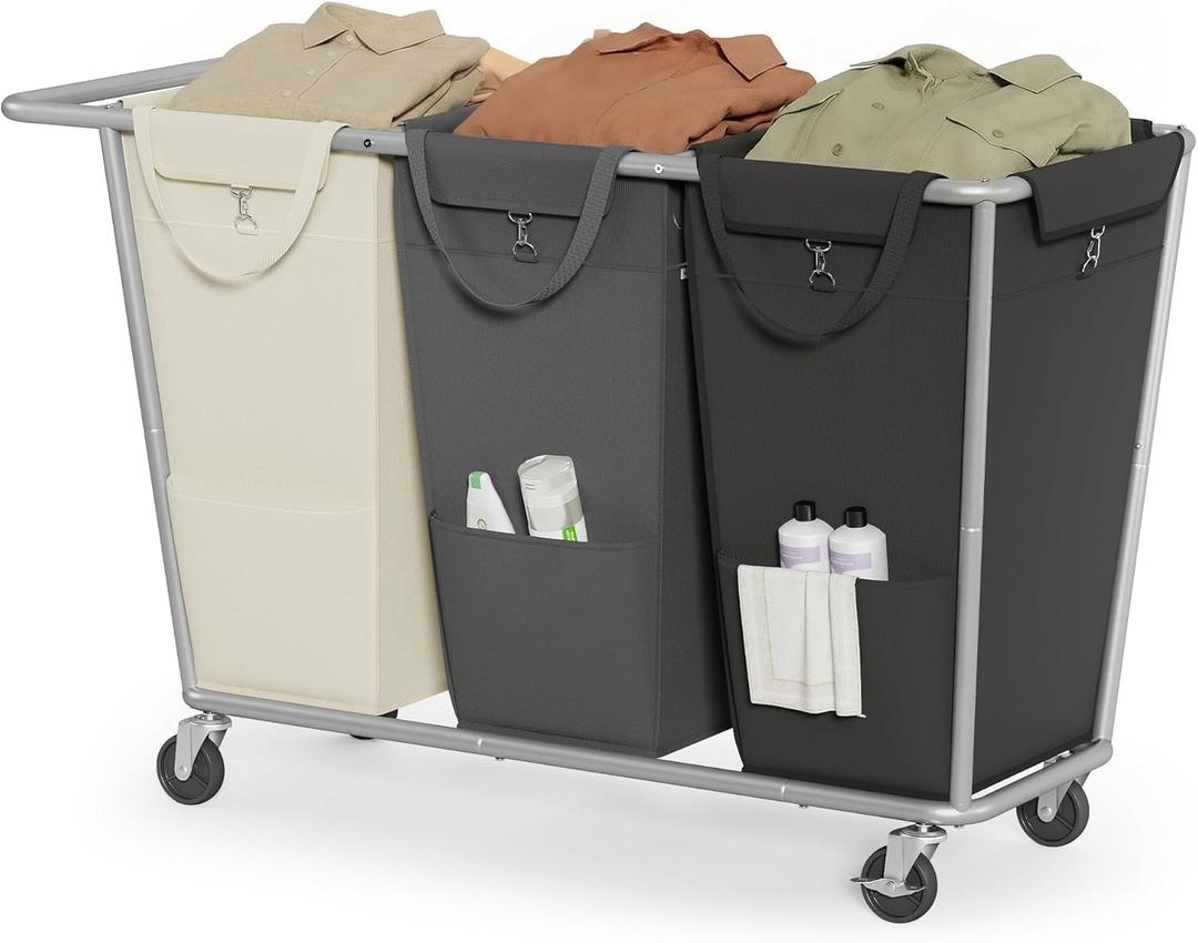 SONGMICS Laundry Basket with Wheels, 3-Section Laundry Sorter, 76.6 Gallons (290 L) Rolling Hamper with Removable Bags, Heavy-Duty Steel Frame, Cream White, Dark Gray and Ink Black URLS010X01