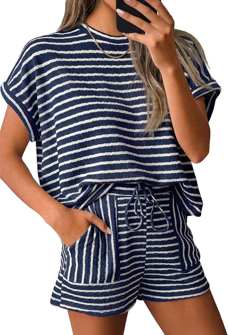 Tankaneo Womens Striped Summer 2 Piece Short Sets Short Sleeve T Shirts Drawstring Shorts Casual Outfits Lounge Pajama Sets XL