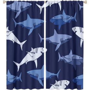 Shark Fish Window Curtains, Ocean Animal Navy Blue Room Darkening Rod Pocket Windows Treatments for Boys Girls Toddler Bedroom Living Room 42x45in