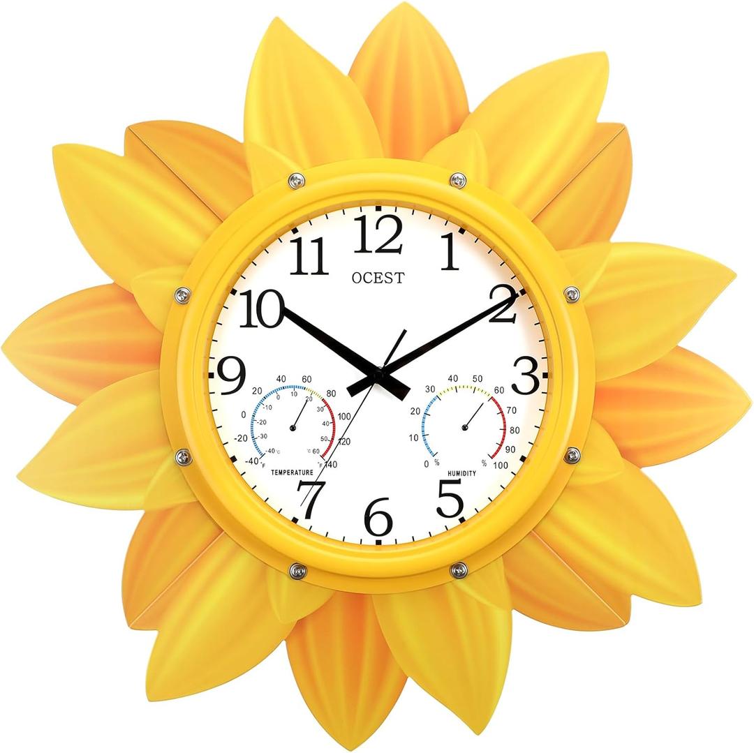OCEST 24 Inch Outdoor Wall Clock, Waterproof Sunflower Clock with Thermometer & Hygrometer, Silent Non-Ticking Metal Petal Design for Patio, Garden, Pool, Garage