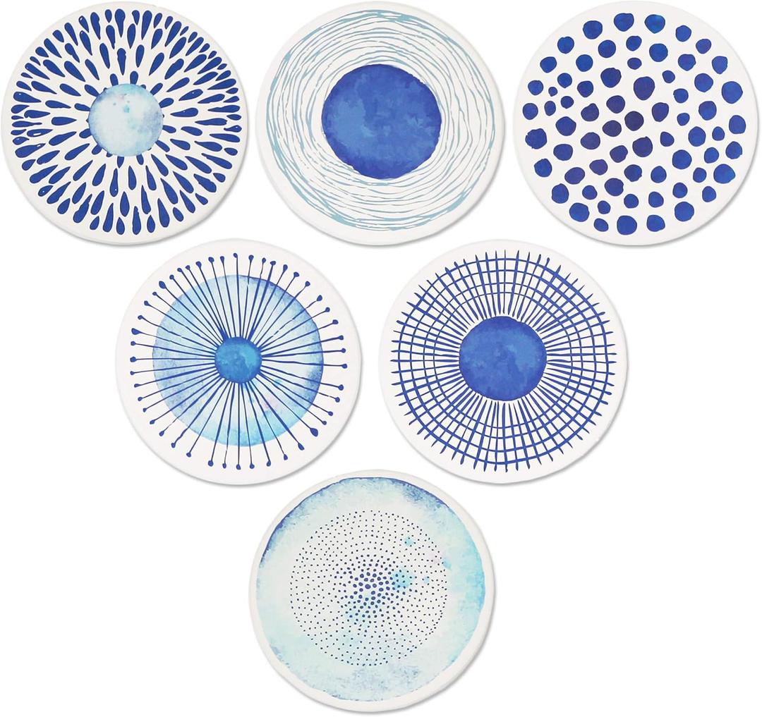 AD Set of 6 Coasters for Drinks Absorbing Round Ceramic Stone Coaster with Cork Base,Tabletop Protection Mat for Mugs and Cups,Office,Kitchen (Blue Watercolor Series)