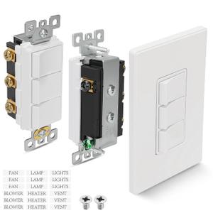 P3RW Wall Switch Three-Rocker Light Switch Combo with Screwless Wall Plate Cover for Bathroom Exhaust Fan, White Multi-Control