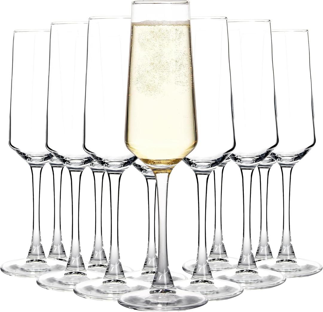 12 Pieces Champagne Glasses, 8.5 OZ Elegant Champagne Flute with Long Stem, Perfect for Wine Tasting, Weddings, Parties, House Warming, Clear, 8.9 inches tall with a 2.02 inch diameter