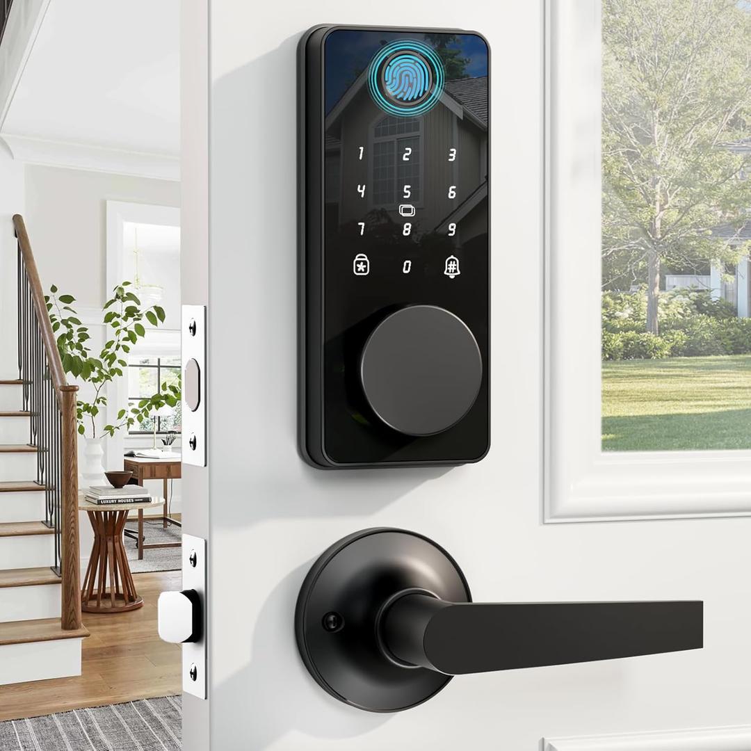 Smart Lock with Handles, Fingerprint Door Lock App Control, Keyless Entry Door Lock Set, Electronic Keypad Deadbolt, Auto & One Touch Lock, Easy Installation, IP54, Digital Smart Code (Glossy Black)