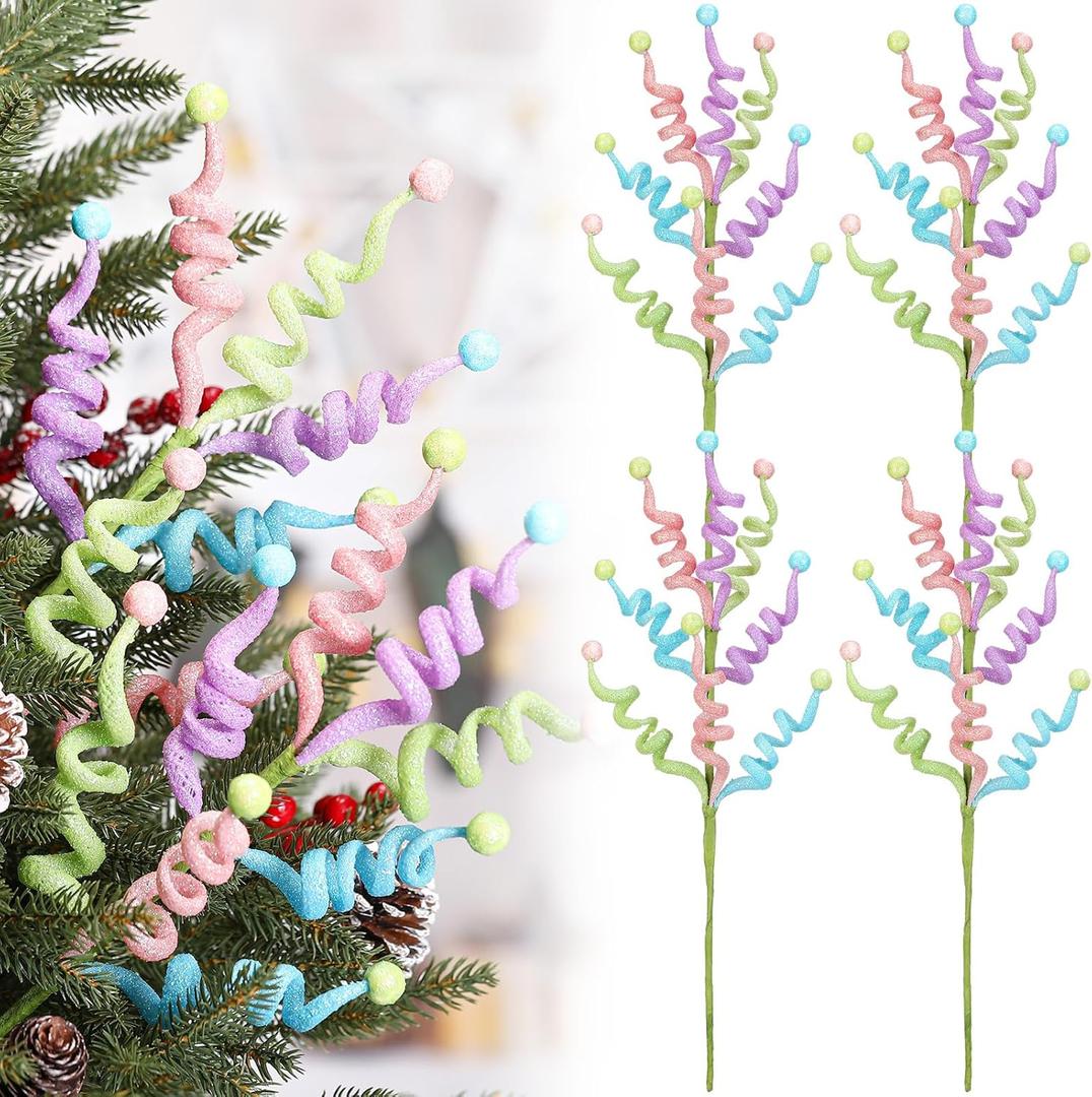 4 Pcs 16.5 inch Christmas Pastel Tree Picks Glitter Curly Spray Tree Topper Decorations Candy Cane Style Frosted Spiral Stems for Xmas Party Wreath Vase Garland Home Centerpieces