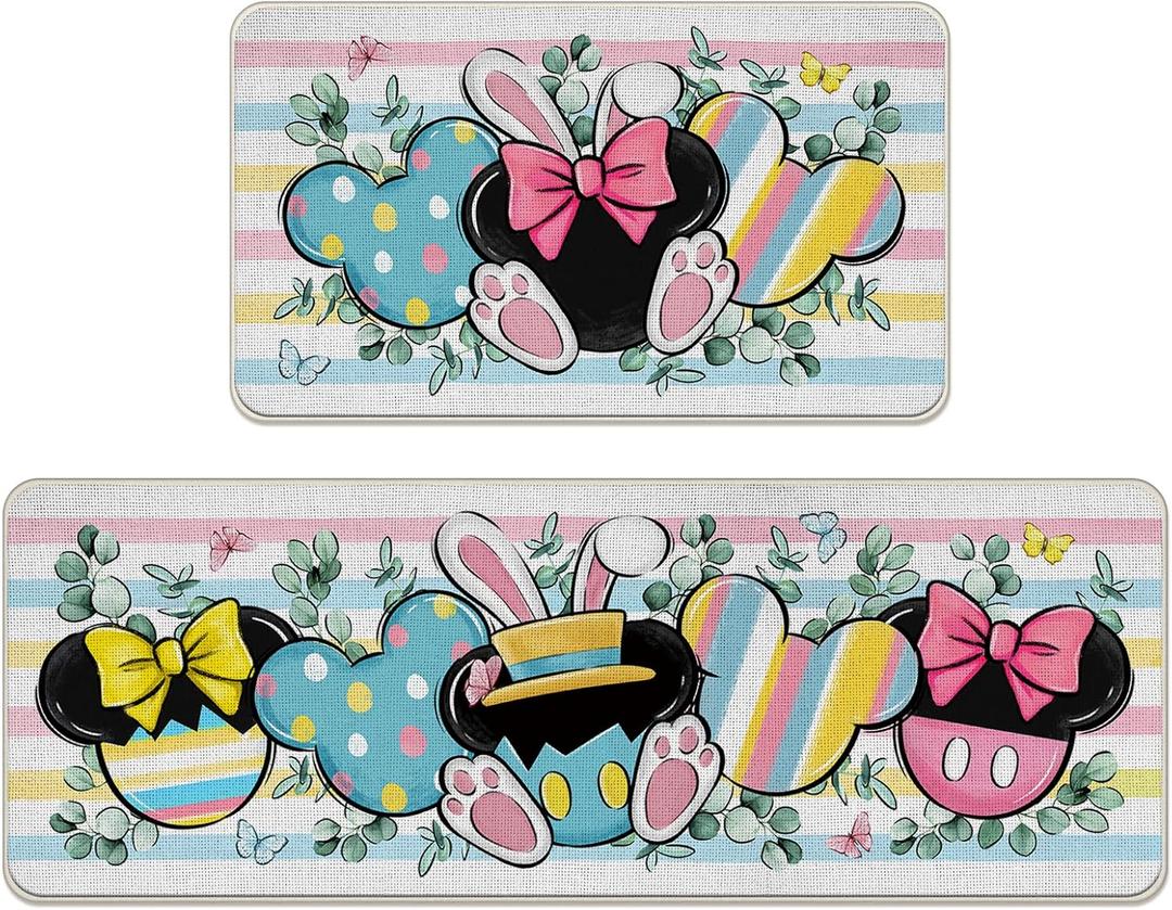 Easter Kitchen Rugs Set of 2, Bunny Ears Eucalyptus Leaves Butterfly Kitchen Mats Decor, Colorful Stripes Bow Floor Door Mat Home Decorations -17x29 and 17x47 Inch