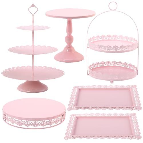QENUIITEA 6 Pcs Pink Cake Stands Set, Cake Display Pedestal Tiered Cupcake Holder Dessert Plate Serving Tower Tray Decorative for Wedding Birthday Party Baby Shower Celebration