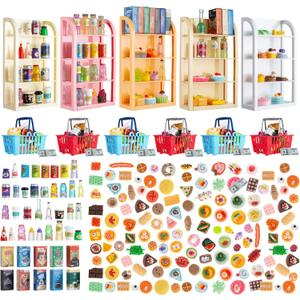 164pcs Miniature Supermarket Shelves Furniture Model 4 Layers Shelf Display Rack Doll House Accessory Storage Bookshelf Accessories Mini Locker Decor Food Drink Bottle Toy Cosplay Game Party