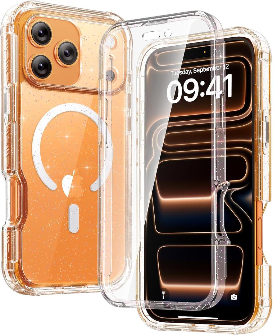 Diaclara Magnetic Designed for iPhone 17 Pro Max Case Full Body Bumper,[Compatible with MagSafe] Military Drop Proof Cover with Built-in Touch Sensitive Anti-Scratch Screen Protector, Clear Glitter