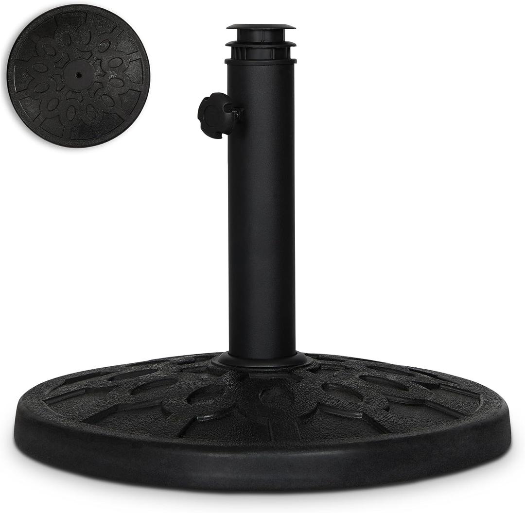 Backyard Expressions 20 lb Round Patio Umbrella Base Heavy Duty Resin-Coated Calcium Carbonate Stand with Adjustable Pole Adapters Fits 1.5"2" Poles, Weather-Resistant, Black Finish