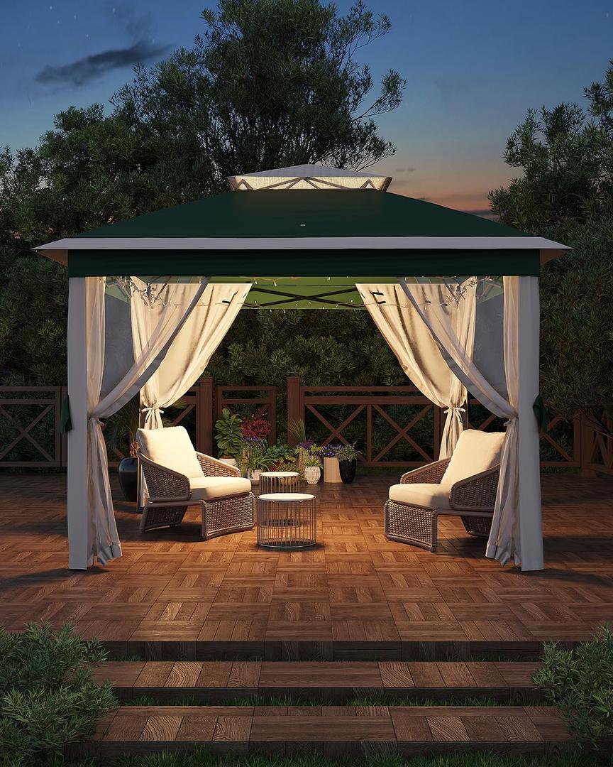 Garveelife 11x11 Pop Up Gazebo Tent with Mosquito Netting, Outdoor Canopy Shelter Easy Setup, Water & UV Resistant - Green