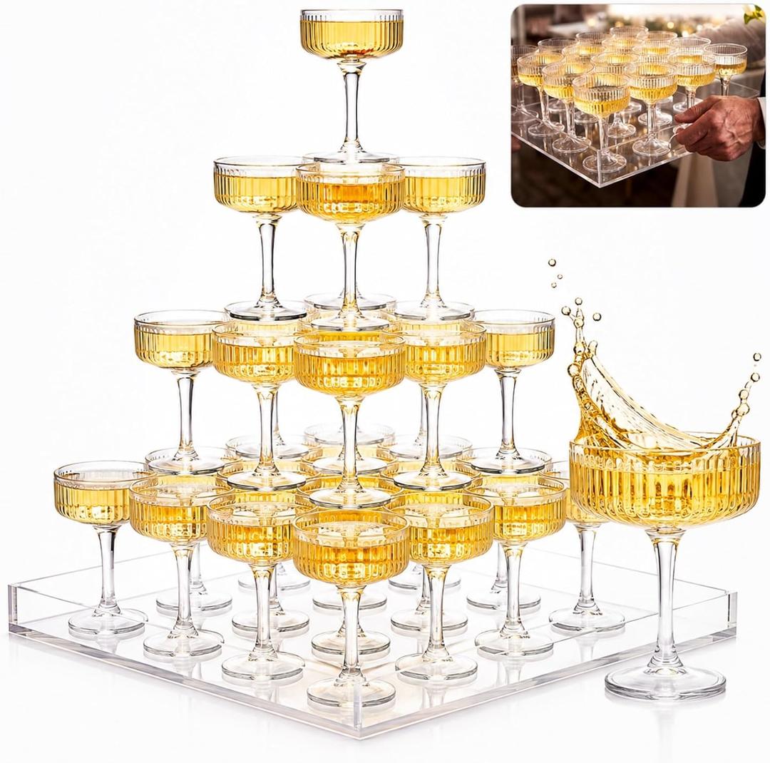 20 Pcs 7oz Plastic Champagne Tower with Acrylic Serving Tray