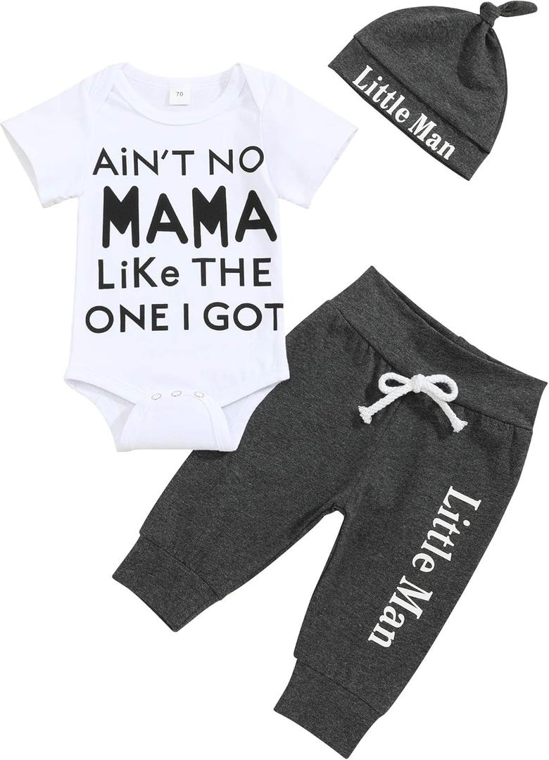 TUEMOS Newborn Infant Baby Boy Clothes Letter Print Romper Pants Set Hat 3PC Outfits Set (Preemie, White02)