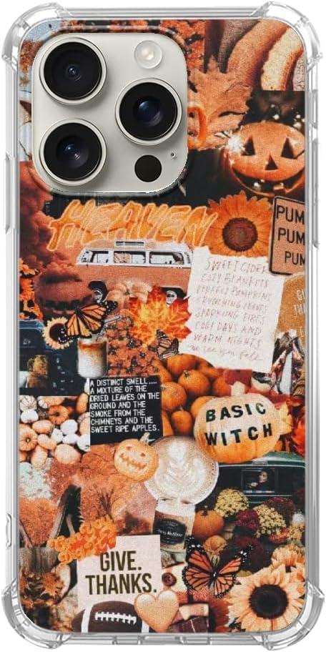 Autumn Collage Pumpkin Witch Halloween Case for iPhone 16 Pro Max, Retro Aesthetic TPU Bumper Cover