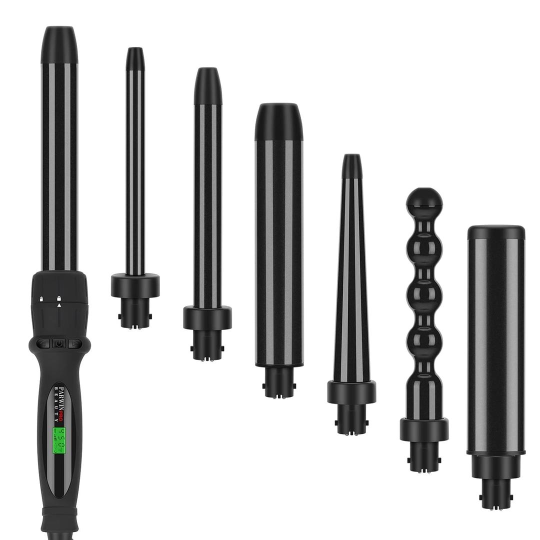 PARWIN PRO BEAUTY 7 in 1 Curling Iron Wand Set,Dual Voltage Curling Wand with 7 Interchangeable Diamond Ceramic Hair Curler Wands with LCD Temperature Control Auto Shut Off Black (Professional No Clamp)