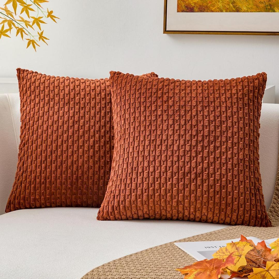 Kevin Textile Fall Throw Pillow Covers Soft Corduroy Decorative Set of 2 Boho Striped Pillow Covers Pillowcases Farmhouse Home Decor for Couch Bed Sofa Living Room 18x18 Inch Rust Brown