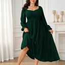 SCOMCHIC Women's Plus Size Wedding Guest Cocktail Dresses Fall Sweetheart Neckline Long Sleeve A Line Formal Maxi Dress (Green, XXXL)