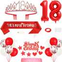 18th Birthday Decorations for Girls, Princess Crown Queen Tiara, It's My 18th Birthday Sash, 18 Year old Cake Topper, Number Balloons Set for Party Supplies, Red