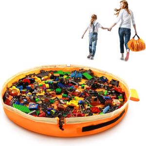 Toy Storage for Lego Play Mat Bag - Duplo Toy Organizer Storage Bag by Drawstring for Kids Tidy Toy with Lips can as Gift (Orange 47 inch)