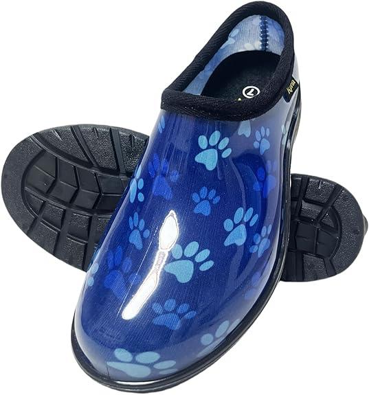 Flat Garden Shoes for Women Waterproof Slip-On Womens Rubber Rain Shoes Gardening Clogs with Comfort Insole Blue Dog Paw Size 8