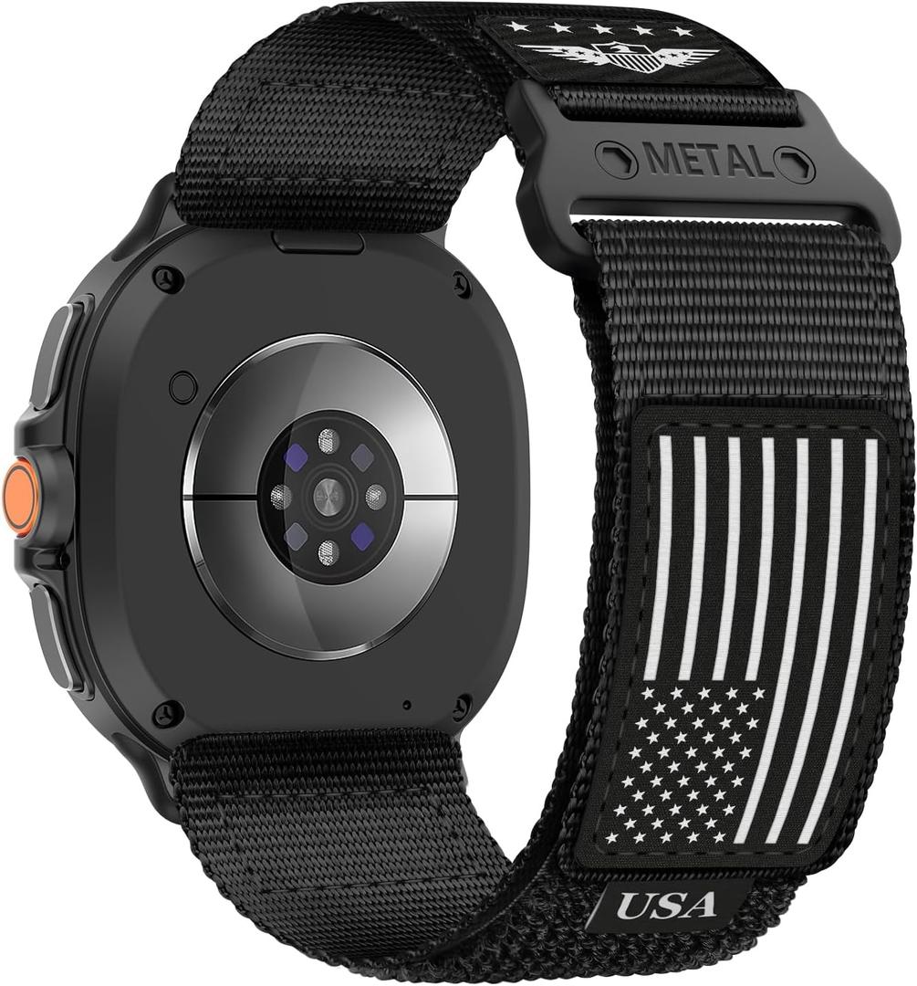 Rugged Nylon Bands for Samsung Galaxy Watch 8 Classic 46mm/Galaxy Watch 8 Band 44mm 40mm for Men,Soft Fabric Adjustable with Stars-Stripes Flag Wristbands Sport Strap for Galaxy Watch 8/8 Classic (Large(165-190mm), 01-Black - Black White Flag)