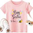 Big Sister Shirt Baby Girl Cute Bees Tee Announcement Toddler Shirts Sibling Reveal Short Sleeve (Pink) 130