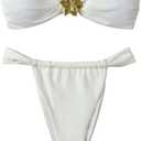 SHENHE Women's 2 Piece Strapless Swimsuit U Wire Floral Tie Back Ruched Bandeau Bikini with Thong Set (White, Mediu)