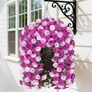 Artificial Fake Hanging Flowers Basket for Outdoor Indoor Decoration,UV Resistant Faux Silk Light Fuchsia and Fuchsia Morning Glory Flowers Plants Realistic Hanging Planter for Outside Home Porch Yard