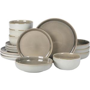 Gibson Elite Sunveil 16 Piece (Service for 4) Plates and Bowls Reactive Glaze Round Dishes Stoneware Ceramic Dinnerware Set -Taupe