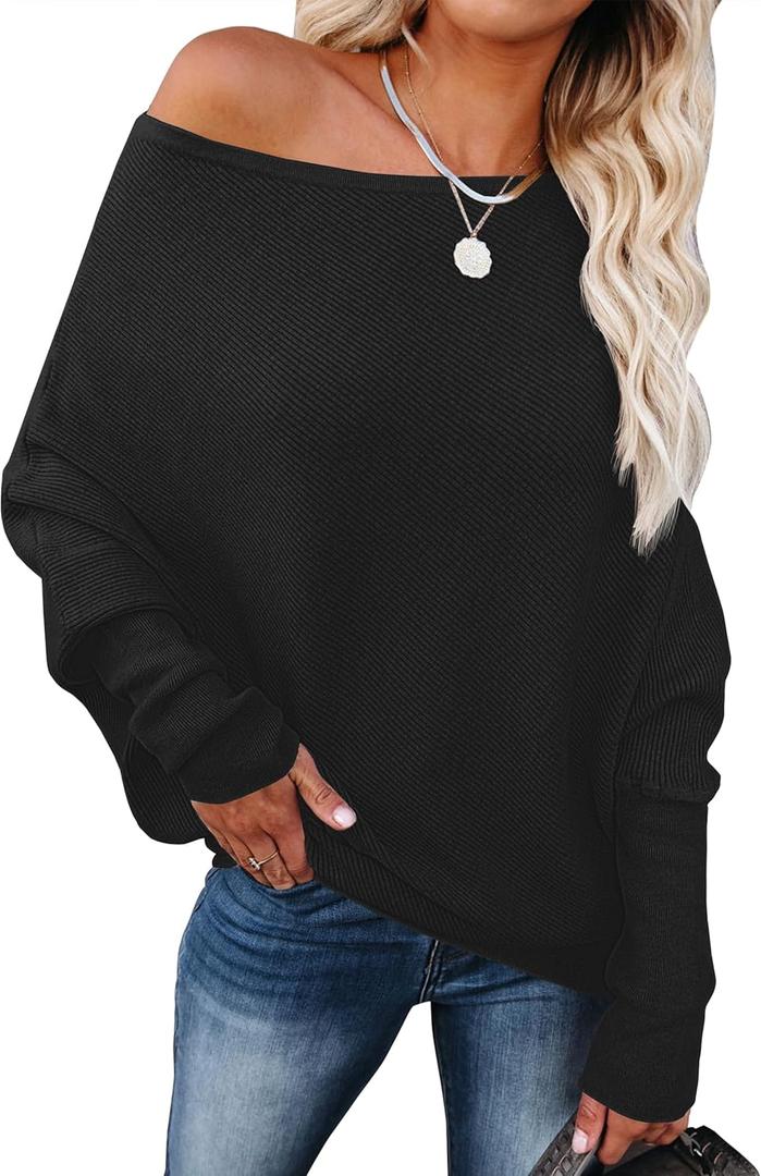 ANRABESS Womens Off Shoulder Sweaters 2025 Fall Long Batwing Sleeve Loose Fit Knit Tops Casual Pullovers Jumpers (Small, Black)