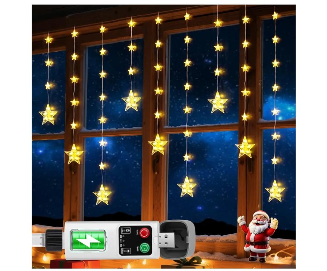 Rechargeable Stars Christmas Window Lights, IP65 Waterproof 90 LEDs 54 Stars Hanging Curtain Lights with 3 Timer Modes, Warm White Christmas Star Decoration for Indoor Outdoor Xmas Home Party Decor