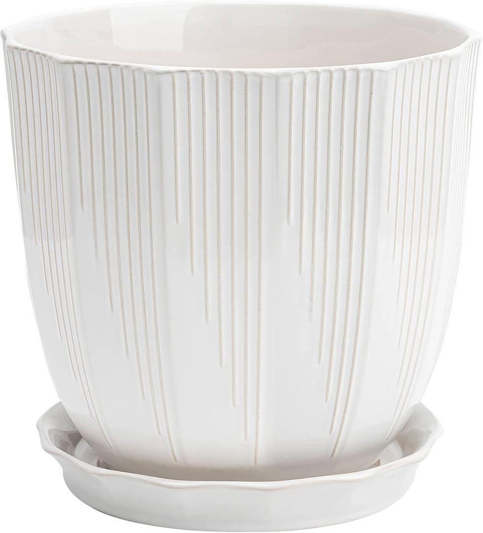 ADN 10 Inch Ceramic Planter Pot with Drainage Hole and Saucer,Large Round Plant pots for Indoor Outdoor Plants,Modern Flower pots, White