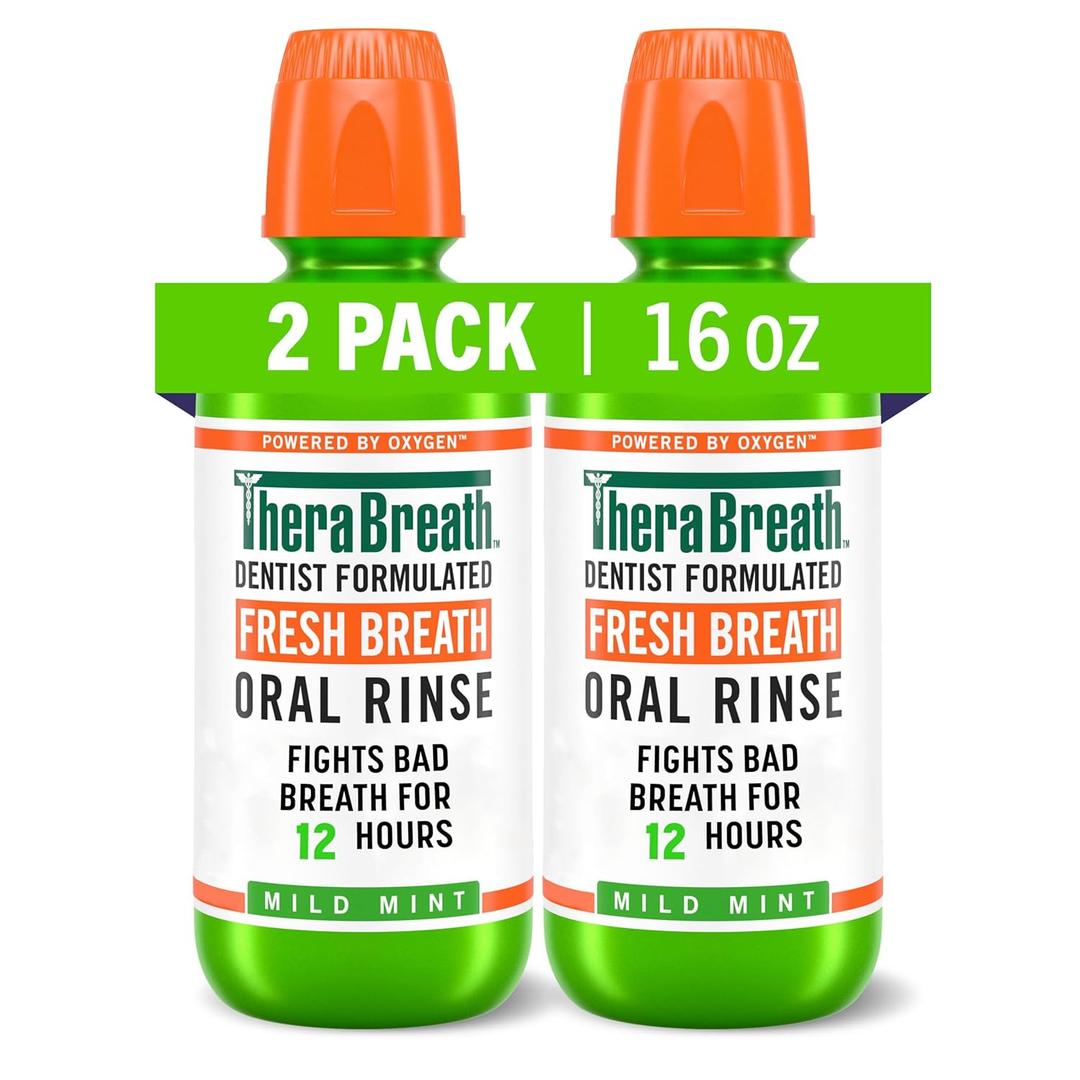 TheraBreath Fresh Breath Mouthwash, Mild Mint Flavor, Alcohol-Free, 16 Fl Oz (2-Pack)
