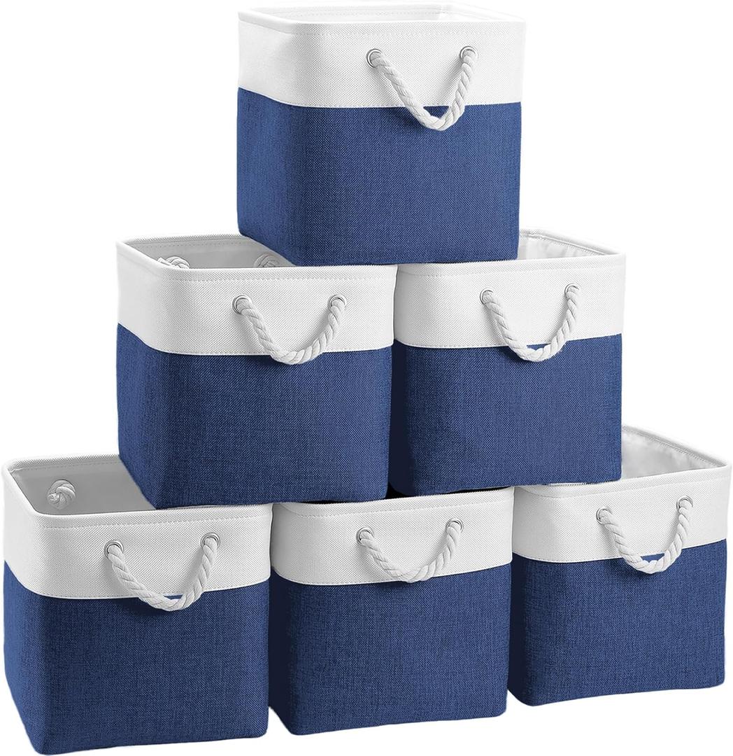 Cube Storage Baskets, 6 Pack 11x11 inch with Cotton Handles for Closet, Shelves, Clothes, Towel (White/Navy Blue)