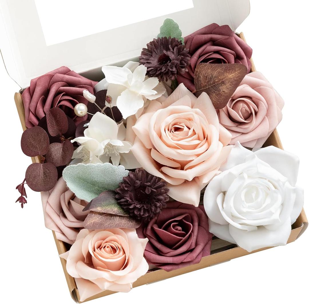 Ling's moment Terracotta Dusty Rose & Mauve Mini Artificial Flowers and Greenery Combo Box Set, Blush & White Fake Flower for DIY Wedding Bridal Bouquet, Centerpieces, Floral Arrangement Decor, etc.