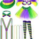 Vicenpal Mardi Gras Costume for Women, 9 Pcs Complete Carnival Outfit Set with Tutu Skirt, Sequin Hat, Feather Mask, Suspenders, Beads Necklace and Striped Socks for Tuesday Parade Party