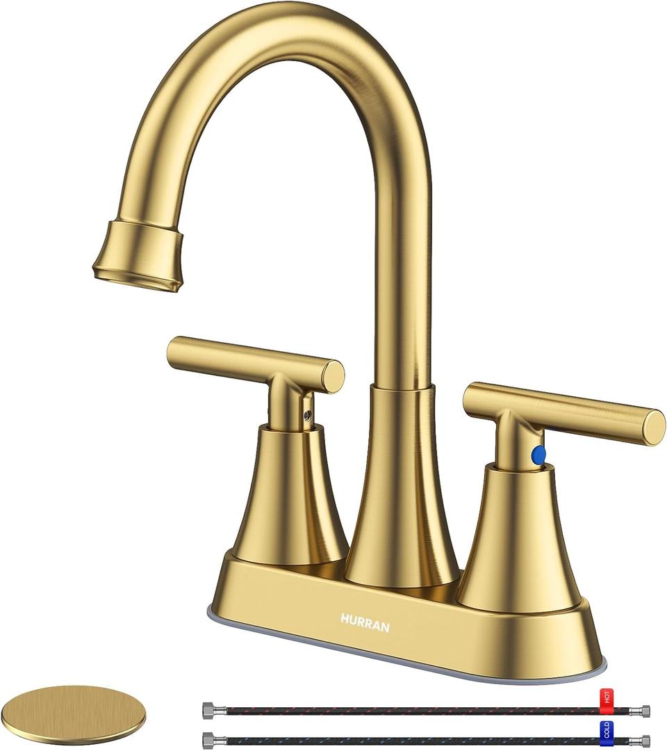 4 inch Brushed Gold Bathroom Sink Faucet with Pop-up Drain and 2 Supply Hoses, Stainless Steel Lead-Free 2-Handle Centerset Faucet for Bathroom Sink Vanity RV