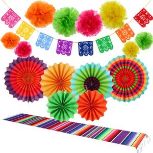 16 Pieces Fiesta Party Decorations Hispanic Heritage Month Decorations, 1 Serape Table Runner, 6 Colorful Paper Fans Round Wheel Disc, 8 Pom Poms Flowers, 1 Felt Papel Picado Banner for Cinco De Mayo