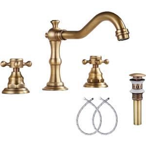 8 inch 2 Handles 3 Holes Widespread Bathroom Sink Faucet Antique Brass Bathroom Vanity Faucet Basin Mixer Tap Faucet Matching Metal Pop Up Drain with Overflow