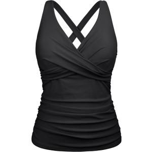 Firpearl Women Underwire Tankini Top Only Twist V Neck Swimsuits for Big Busted Ruched Tummy Control Bathing Suits Top (Black, XL) 14