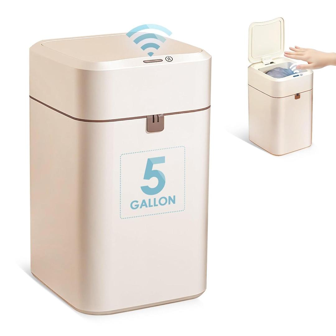5 Gallon Automatic Trash Can, Touchless Motion Sensor Plastic Garbage Can with Lid, Self Sealing Auto Rubbish Can, Electric Garbage Cans for Kitchen, Bathroom, Bedroom, Office, Living Room