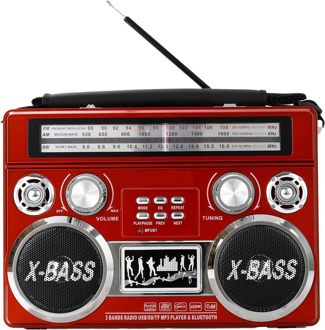 Supersonic SC-1097BT Portable 3 Band Radio with Bluetooth and Flashlight, M/FM/SW Receiver with MP3 Playback, High Sensitivity, Telescopic Antenna and Long-Lasting Battery (Red)