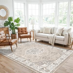 Washable 5x8 Living Room Area Rug: Vintage Water-Resistant Soft Rug for Bedroom Dining Room Non Slip Apartment Low Pile Carpet Thin Floor Mat for Dorm Home Office Printed Beside Rug(5x8Beige)
